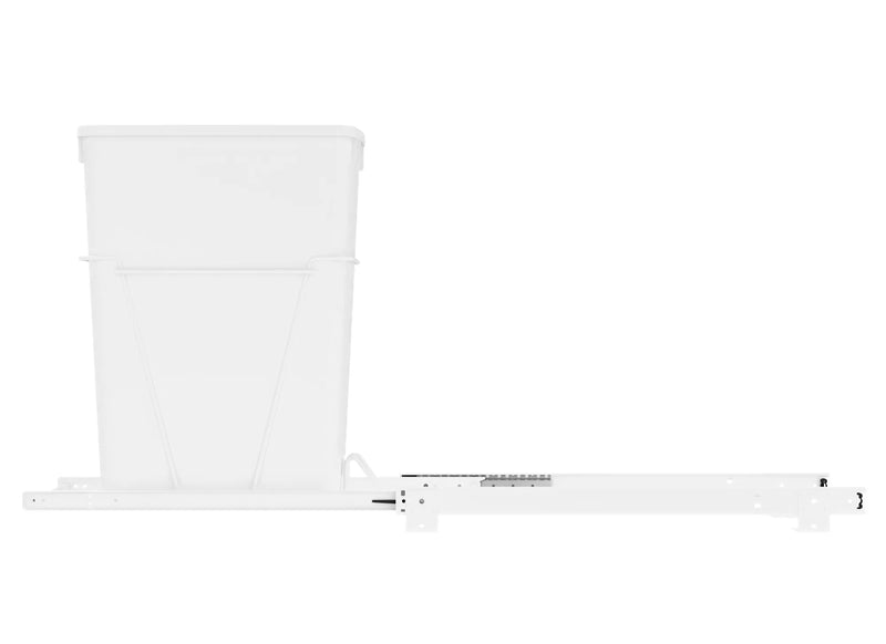 Rev-A-Shelf Single White 32 Qt. White Steel Wire Bottom Mount Waste Container w/ 3/4-Extension Slides for 15" Base Cabinets - RV-932PB