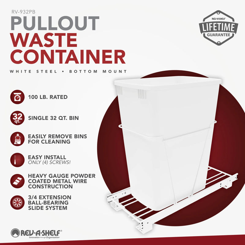 Rev-A-Shelf Single White 32 Qt. White Steel Wire Bottom Mount Waste Container w/ 3/4-Extension Slides for 15" Base Cabinets - RV-932PB