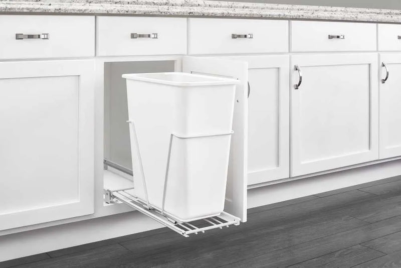 Rev-A-Shelf Single White 32 Qt. White Steel Wire Bottom Mount Waste Container w/ 3/4-Extension Slides for 15" Base Cabinets - RV-932PB