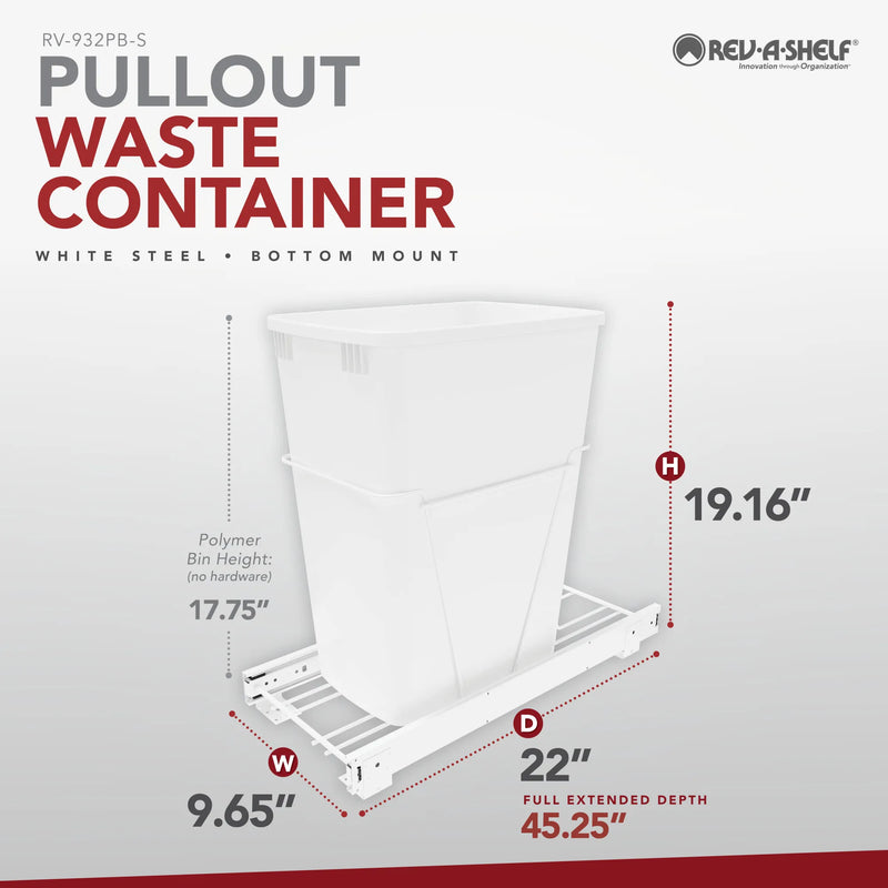Rev-A-Shelf Single White 32 Qt. White Steel Wire Bottom Mount Waste Container w/ Full-Extension Slides for 15" Base Cabinets - RV-932PB-S