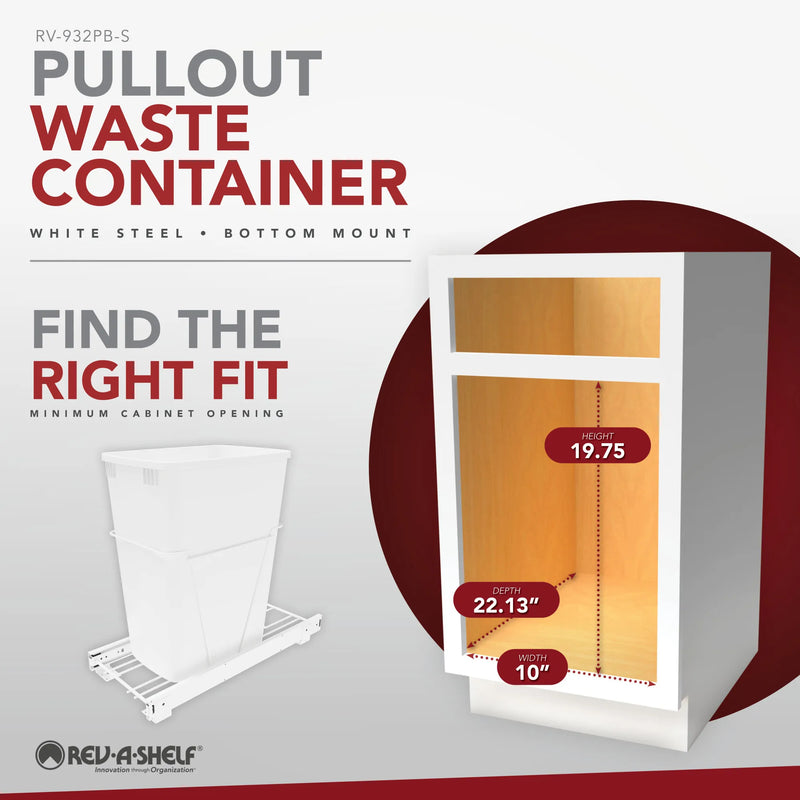 Rev-A-Shelf Single White 32 Qt. White Steel Wire Bottom Mount Waste Container w/ Full-Extension Slides for 15" Base Cabinets - RV-932PB-S