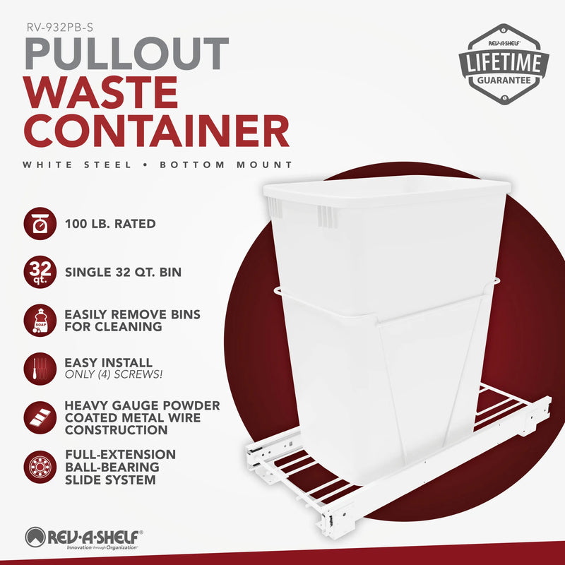 Rev-A-Shelf Single White 32 Qt. White Steel Wire Bottom Mount Waste Container w/ Full-Extension Slides for 15" Base Cabinets - RV-932PB-S