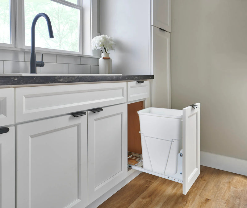 Rev-A-Shelf Single White 32 Qt. White Steel Wire Bottom Mount Waste Container w/ Full-Extension Slides for 15" Base Cabinets - RV-932PB-S