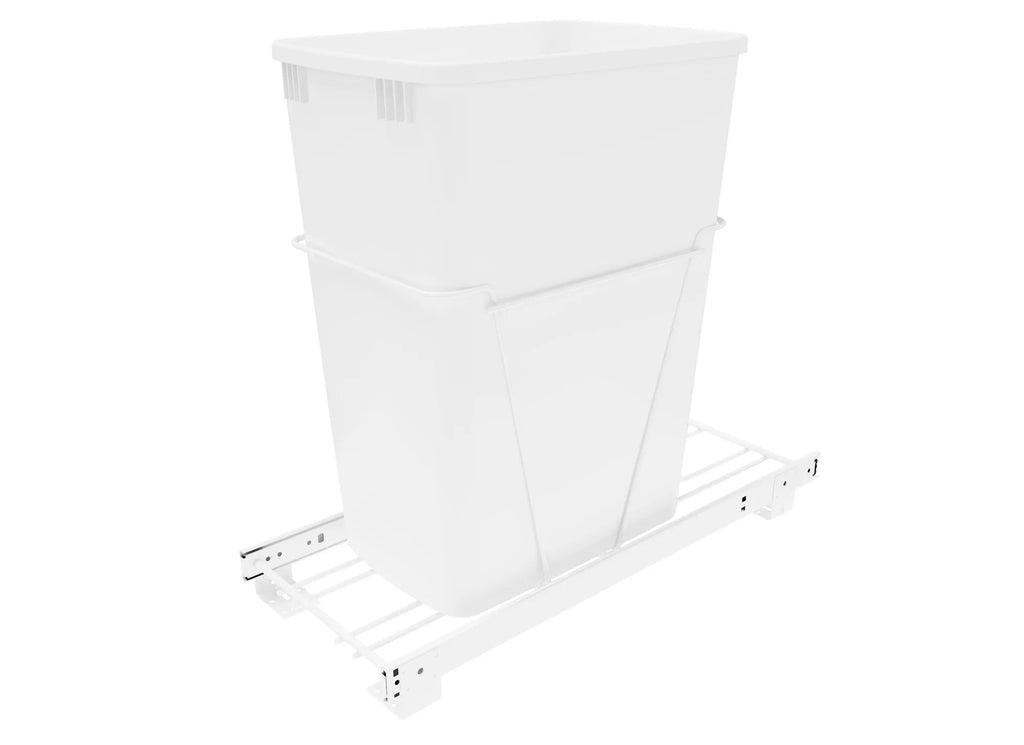 Rev-A-Shelf Single White 32 Qt. White Steel Wire Bottom Mount Waste Container w/ 3/4-Extension Slides for 15" Base Cabinets - RV-932PB