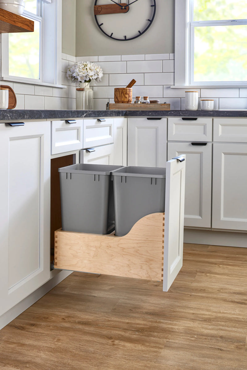 Rev-A-Shelf Double Metallic Silver 27 Qt. Maple Pullout Waste Container w/ Soft-Close and (1) Lid for 15" Base Cabinets 4WCSC-1527DM-2 - FREE DOMESTIC SHIPPING