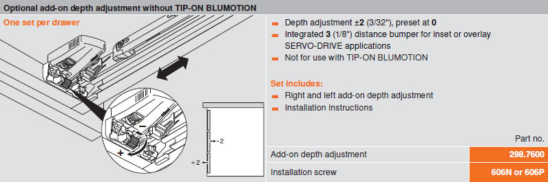 Blum MOVENTO Inset Drawer Add-on Depth Adjustment Without TIP-ON BLUMOTION - 298.7600