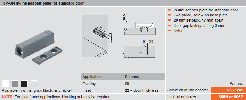 Blum TIP-ON In-Line Adapter Plate for Standard Doors - White - 956.1201-w