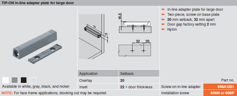 Blum TIP-ON In-Line Adapter Plate for Large Doors - Black - 956A1201-B