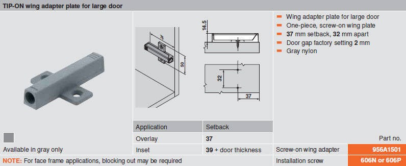 Blum TIP-ON Wing Adapter Plate for Large Doors - Gray - 956A1501