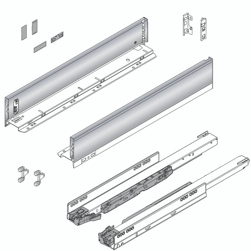 Blum LEGRABOX M Height (3-9/16") V1 Packaging Set - 26" (650mm) - 170lb - Stainless Steel (INGL) - 773M65S0I